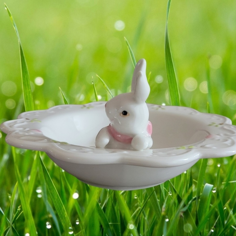 Porcelain Bunny Trinket Dish Colored Accents With Glitter Eggs 7" Width - Picture 4 of 11